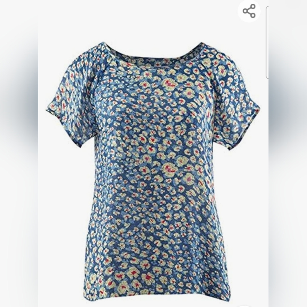 cabi Blue Floral Short Sleeve Crossover Button Back Top Style 299